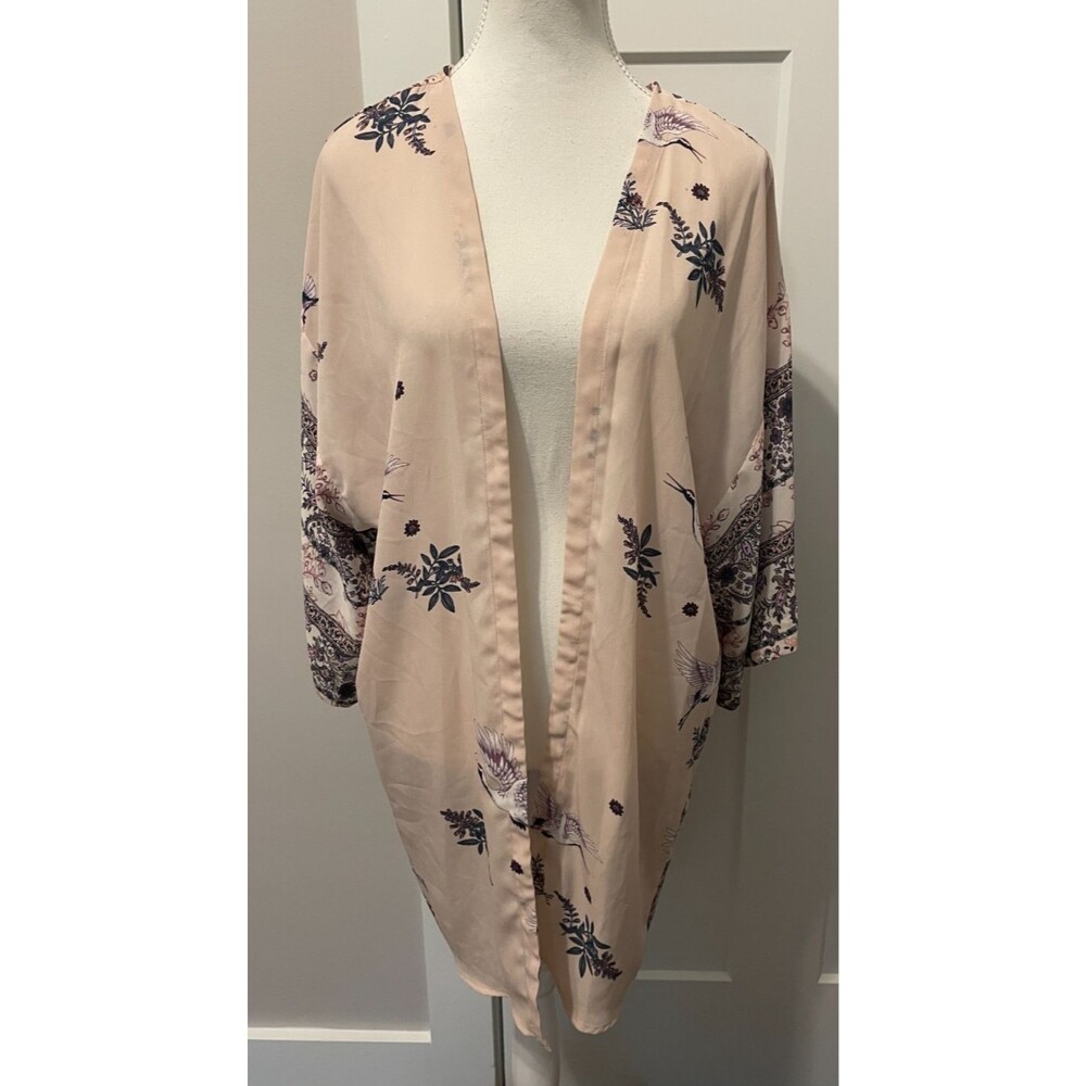 FIG & FLOWER Womens DUSTER Kimono 3/4 Sleeve PINK Gray Peach FLORAL Size L